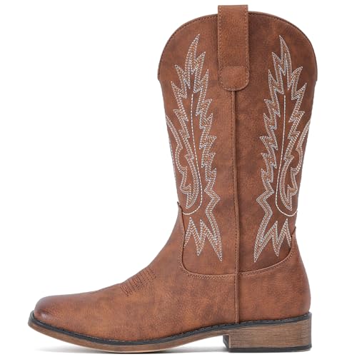 Cowboy Boots For Women Square Toe Wide Western Boots Mid Calf Cowgirl Boots Pull On Embroidered Brown Cowboy Boots