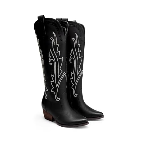 41IlFubCVzL.jpg Womens Cowboy Knee High Boots Comfortable Pull On Side Zipper Chunky Heel Embroidered Western Cowgirl Boots Retro Tall Boot