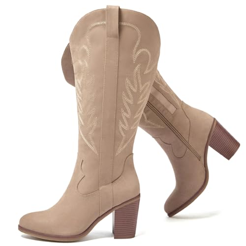 Women's Extra Wide Calf Cowboy Knee High Boots，Wide Width Cowgirl Boots Chunky Pump Heel Plus Size Western Tall Boots.