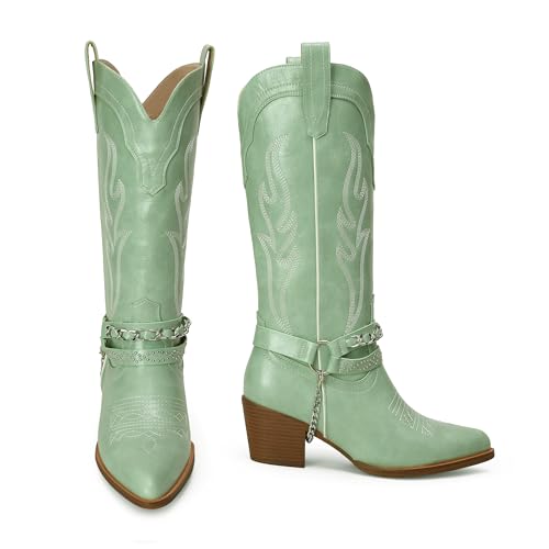 41K1NajQoL.jpg Cowboy Boots for Women with Chain, Pointy Toe Chunky Heel Women's Riding Boots with Embroidered, Pull on Style Western Boots,