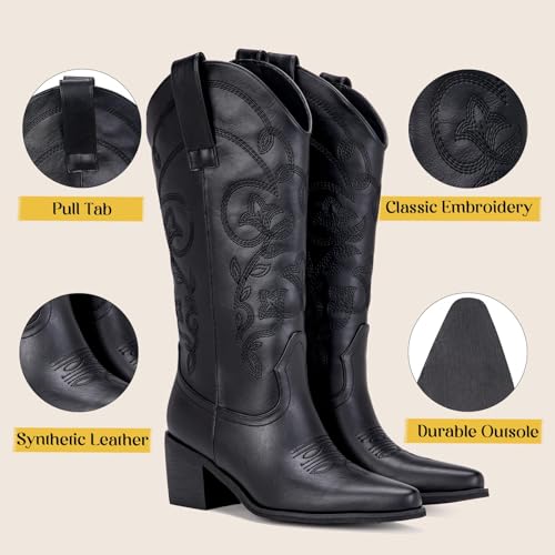 Cowboy Boots for Women Wide Calf - Cowgirl Boots with Pointed Toe and Chunky Heel for All-Day Comfort | Perfect for Country
