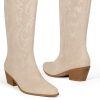 White Cowgirl Boots Women Cowboy Knee High Tall Boots Chunky Heel Pointed Toe Pull-On Western Wide Calf Boats Country Fashion