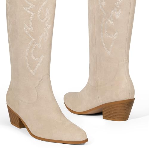 White Cowgirl Boots Women Cowboy Knee High Tall Boots Chunky Heel Pointed Toe Pull-On Western Wide Calf Boats Country Fashion