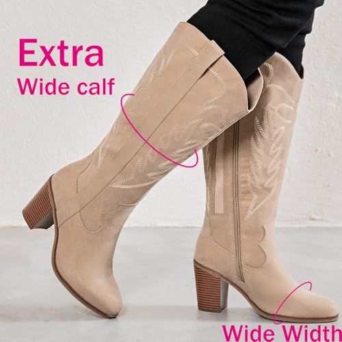 Women's Extra Wide Calf Cowboy Knee High Boots，Wide Width Cowgirl Boots Chunky Pump Heel Plus Size Western Tall Boots.