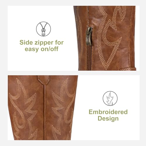 Women's Cowboy Boots Embroided Western Cowgirl Boots Square Toe Knee High Pull on Wide Calf Shoes with Inside Zipper