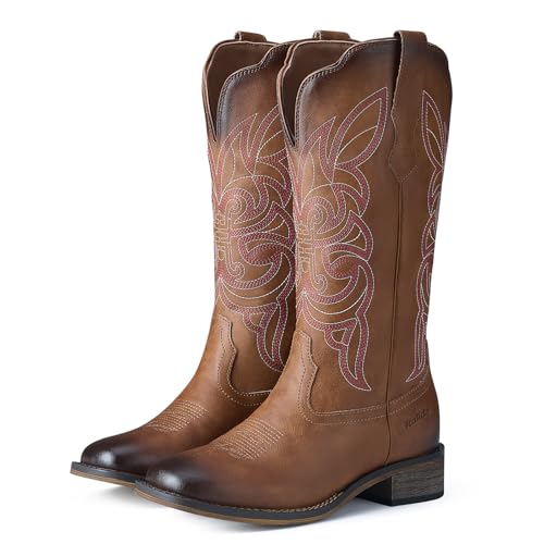 Cowgirl Boots Cowboy Boots for Women Square Toe Mid Calf Western Boots Ladies Fashion Boots with Chunky Heel