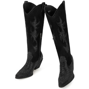 41SHYgBXK2L.jpg Women's Rhinestone Cowboy Boots Mid Calf Cowgirl Boots Pointed Toe Chunky Heel Sparkly Western Boot with Pull On Tabs