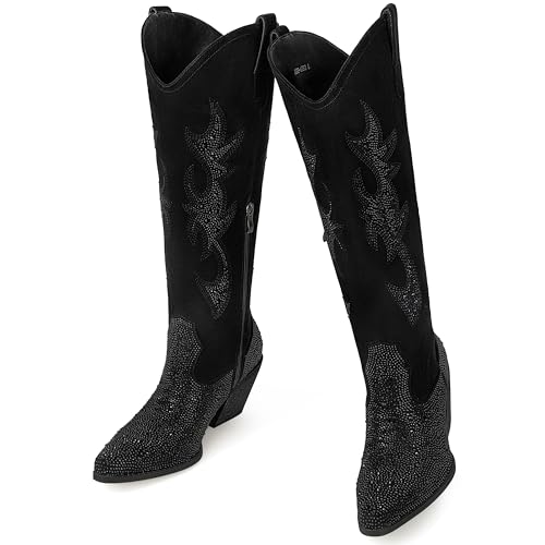 41SHYgBXK2L.jpg Women's Rhinestone Cowboy Boots Mid Calf Cowgirl Boots Pointed Toe Chunky Heel Sparkly Western Boot with Pull On Tabs