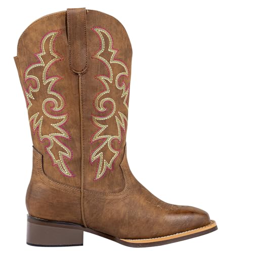 Women's Extra Wide Calf Cowboy Boots Square Toe – Pull-On Western Boots for Thick Calves, Stretch Comfort & Removable Insole,