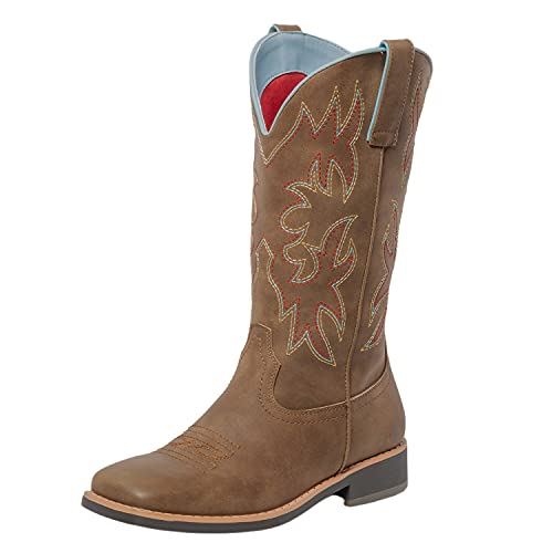 Women's Mid Calf Square Toe Cowgirl Western Cowboy Boots Brown