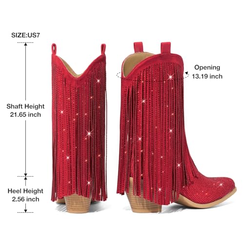 Rhinestone Cowboy Boots for Women, Sparkly Cowgirl Boots with Pointed Toe, Fringe Womens Western Boots Chunky Heel for Concert