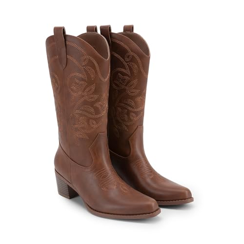 Cowboy Boots for Women Cowgirl Western Boots Fashion Embroidery Stitched Chunky Heel Mid Calf Boots