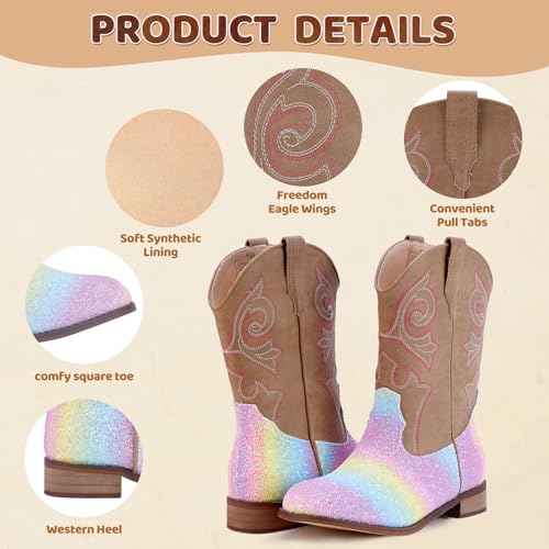 Girls Cowboy Boots Kids Cowgirl Western Boot Glitter Round Toe with Walking Heel for Toddler/Little Kid/Big Kid