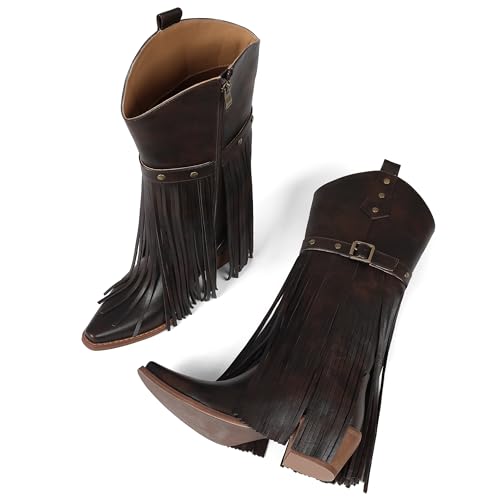 Cowboy Boots for Women Retro Square Toe Side Zipper Block Chunky Heel Tassel Country Concert Outfits Calf Western Cowgirl Boots