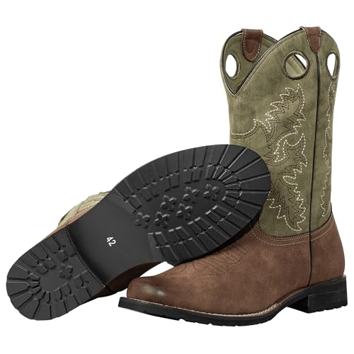 Western Mens Cowboy Boots Round Toe Work Boot Slip On Pu Leather Embroidered Casual Dress Boots Brown
