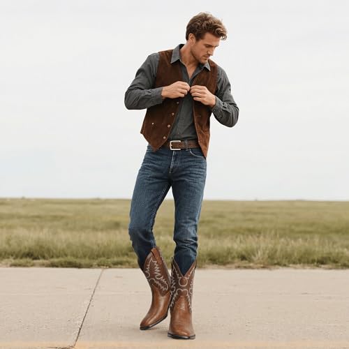Cowboy Boots for Men Square Toe Western Classic Embroidered Slip on Chunky Heel Men's Boots