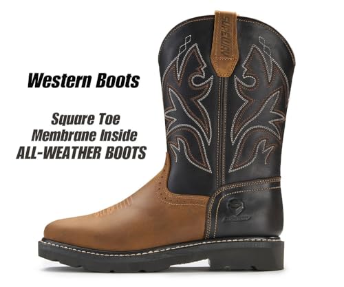 10" Cowboy Boots - Men’s Square Toe Work Boot,Pull On Leather Western Boots,Durable Classic Slip Resistant Soft Toe Wellington