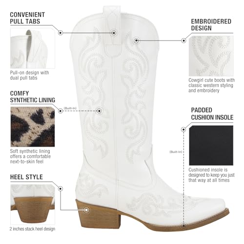 Rollda Cowboy Boots for Women Western Cowgirl Boots with Chunky Heel Ladies Snip Toe Mid-Calf Boots