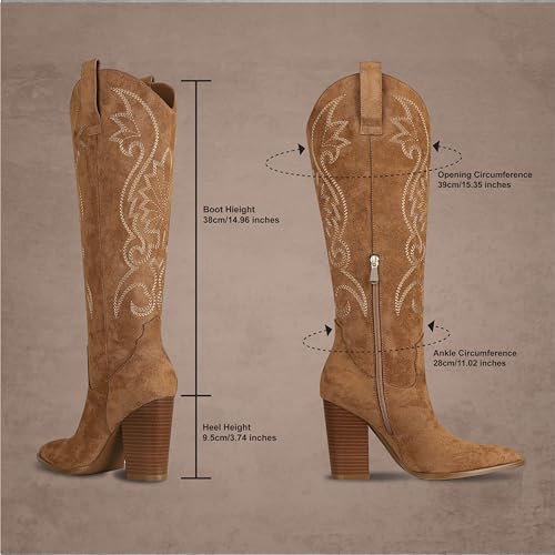 Knee High Cowboy Boots for Women Pointed Toe Chunky High Heels Pull-on Embroidered Boots Western Boots Wide Calf Cowgirl Boots