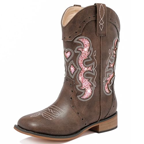 Kids Cowgirl Boots for Girls Western Square Toe Girls Sparkle Boots Zipper Mid Calf Low Heel Horse Riding for Toddler Little Big