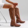 Women's Cowboy Boots Embroided Western Cowgirl Boots Square Toe Knee High Pull on Wide Calf Shoes with Inside Zipper