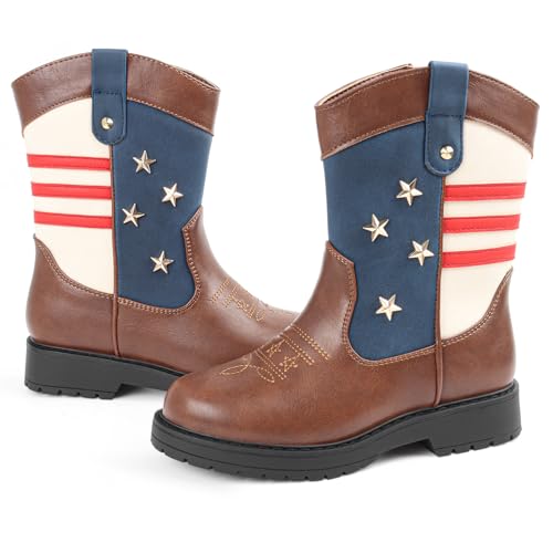 Cowboy/Cowgirl Boots for Boys/Girls Toddler Western Wide Calf Square Toe Kids Boots with Side Zipper (White+ Brown+Dark Brown)