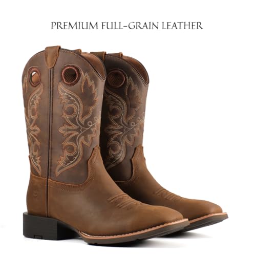 Western Boots For Men - Mens Square Toe Cowboy Boot, Oil/Slip Resistant, Durable Fashionable Classic Pull on 10 Inch Mid-Calf