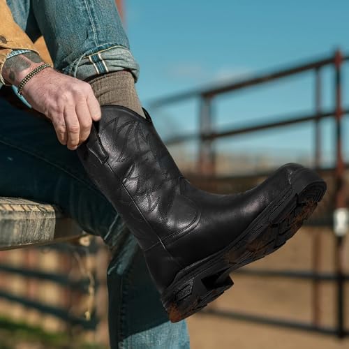 Cowboy Work Boots for Men Waterproof Square Toe Leather Western Boots Puncture Resistant Indestructable Steel Toe Safety Boots