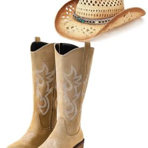 Western Cowgirl Outfits Women Straw Cowboy Hat Brown Cowboy Boots with Pointed Toe Embroidery for Country Concert