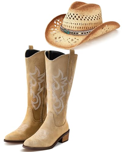 Western Cowgirl Outfits Women Straw Cowboy Hat Brown Cowboy Boots with Pointed Toe Embroidery for Country Concert
