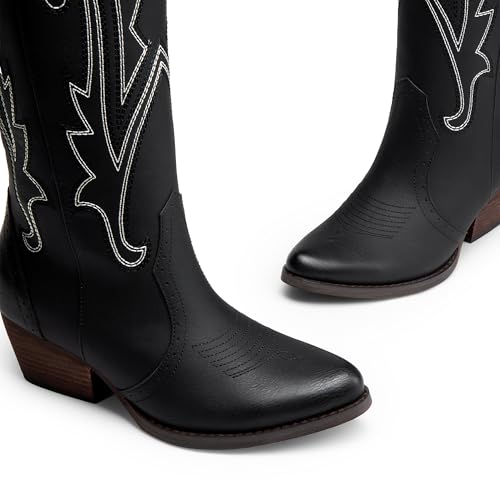 41lektOEJZL.jpg Womens Cowboy Knee High Boots Comfortable Pull On Side Zipper Chunky Heel Embroidered Western Cowgirl Boots Retro Tall Boot