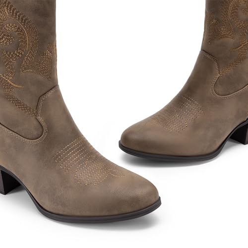 Cowboy Boots for Women, Mid Calf Cowgirl Boots with Embroidery Round Toe Western Chunky Low Heel Shoes