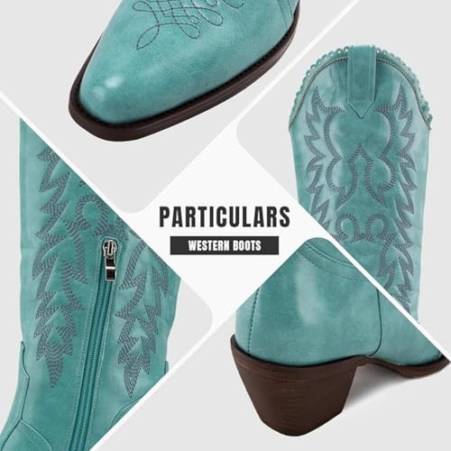 Women Cowboy Boots Mid Calf Cowgirl Western Boots Embroidered Suede Pull On Almond Toe Chunky Heel