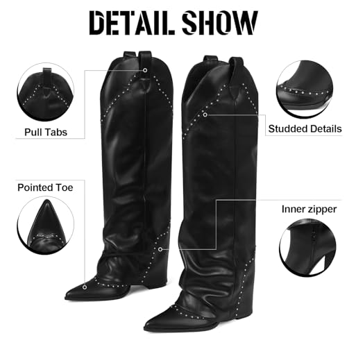 Women's Shark Studded Fold Over Knee High Boots Tall Pull-on Snip Toe Cowboy Cowgirl Slouch Boot Dress