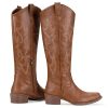 Women's Cowboy Boots Embroided Western Cowgirl Boots Square Toe Knee High Pull on Wide Calf Shoes with Inside Zipper