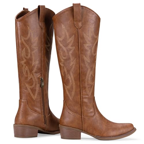Women's Cowboy Boots Embroided Western Cowgirl Boots Square Toe Knee High Pull on Wide Calf Shoes with Inside Zipper