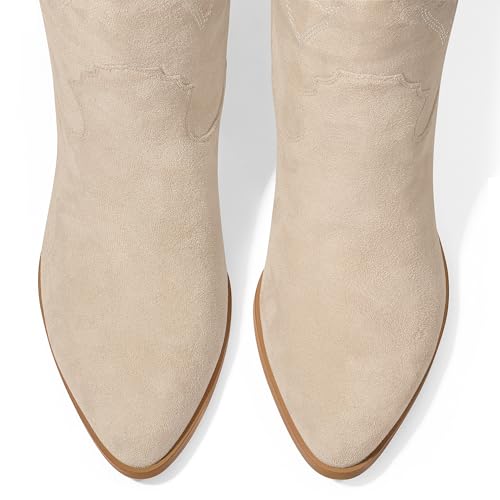 White Cowgirl Boots Women Cowboy Knee High Tall Boots Chunky Heel Pointed Toe Pull-On Western Wide Calf Boats Country Fashion