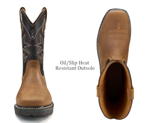10" Cowboy Boots - Men’s Square Toe Work Boot,Pull On Leather Western Boots,Durable Classic Slip Resistant Soft Toe Wellington
