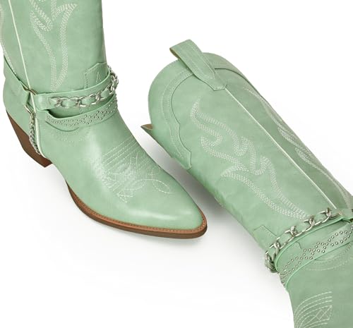 41tHjOBdRCL.jpg Cowboy Boots for Women with Chain, Pointy Toe Chunky Heel Women's Riding Boots with Embroidered, Pull on Style Western Boots,
