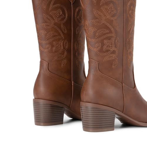 Cowboy Boots for Women Cowgirl Western Boots Fashion Embroidery Stitched Chunky Heel Mid Calf Boots