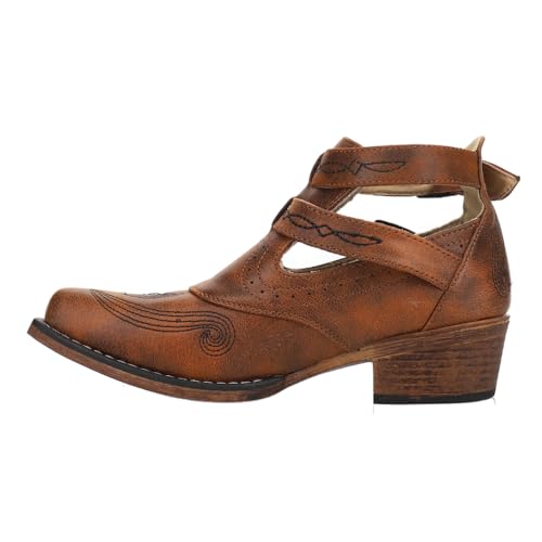 Womens Willa Embroidery Snip Toe Casual Boots Ankle Low Heel 1-2" - Brown