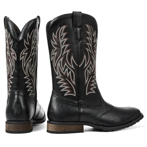 Cowboy Boots for Men Square Toe Embroideried Western Boots Traditional Country Boots Durable Work Boots