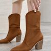 Womens Cowboy Mid Calf Boots Chunky Block Heel Pointed Toe Suede Western Cowgirl Boots