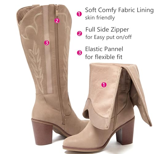 Women's Extra Wide Calf Cowboy Knee High Boots，Wide Width Cowgirl Boots Chunky Pump Heel Plus Size Western Tall Boots.