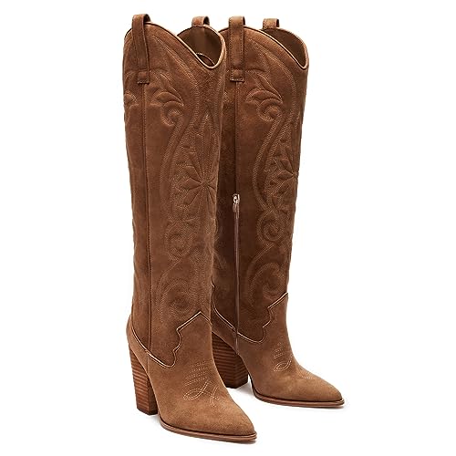 Knee High Cowboy Boots for Women Pointed Toe Chunky High Heels Pull-on Embroidered Boots Western Boots Wide Calf Cowgirl Boots