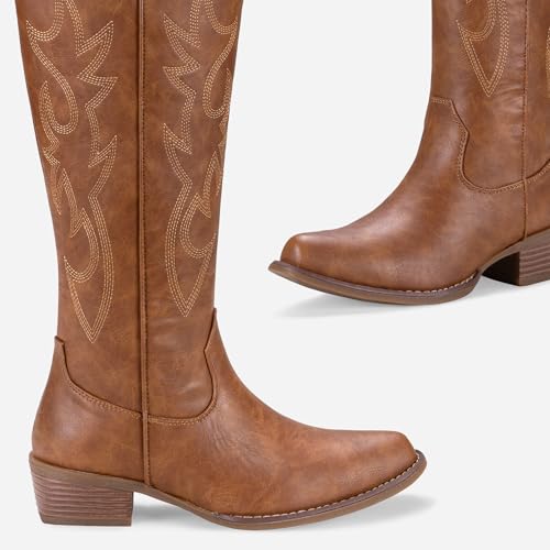 Women's Cowboy Boots Embroided Western Cowgirl Boots Square Toe Knee High Pull on Wide Calf Shoes with Inside Zipper