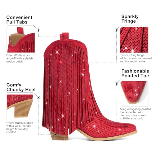 Rhinestone Cowboy Boots for Women, Sparkly Cowgirl Boots with Pointed Toe, Fringe Womens Western Boots Chunky Heel for Concert