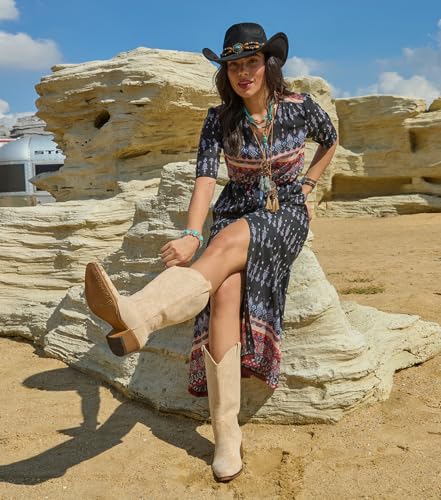 Suede Cowboy Boots for Women Mid-Calf Embroidery Cowgirl Boots Retro Snip Toe Western Boot with Chunky Heel Black and Brown