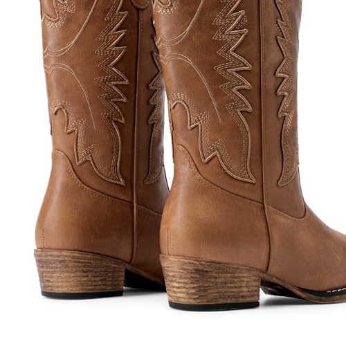 Cowboy Boots for Women Cowgirl Western Mid Calf Boots Snip Toe Embroidered Stitched Low Chunky Heel Pull On Fashion Boots