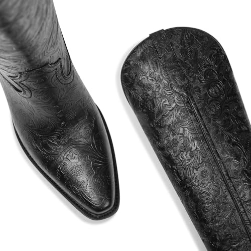 Womens Cowboy Boots Embossed Knee High Western Boots Pointed Toe Comfortable Chunky Heel Pull on Riding Cowgirl Boots